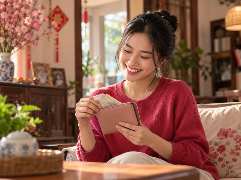 Phụ nữ trẻ ngồi trong nhà cầm ví và mỉm cười
