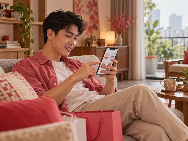 Thanh niên ngồi sofa mua sắm trực tuyến trên điện thoại