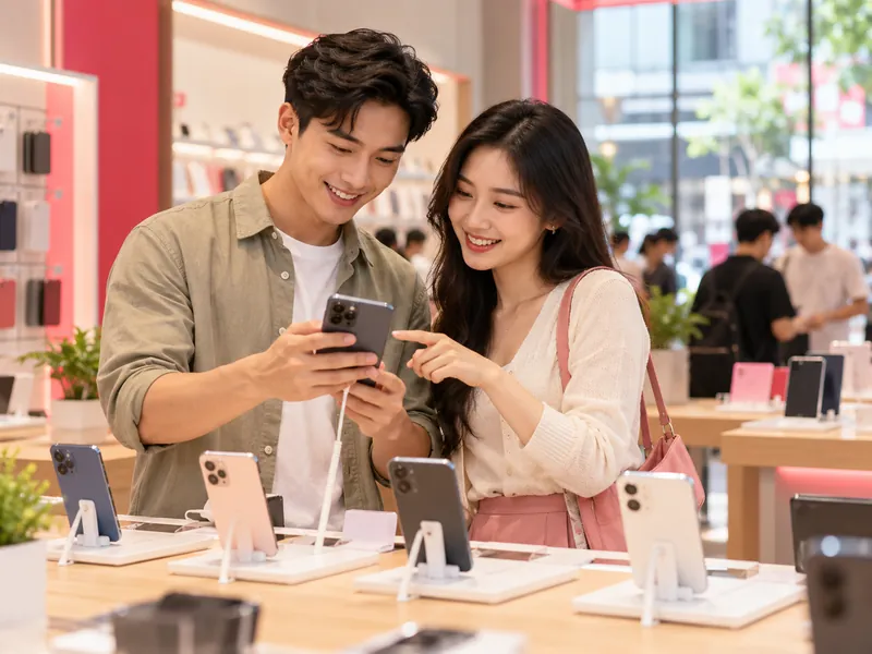 Cặp đôi chọn điện thoại ở cửa hàng điện máy