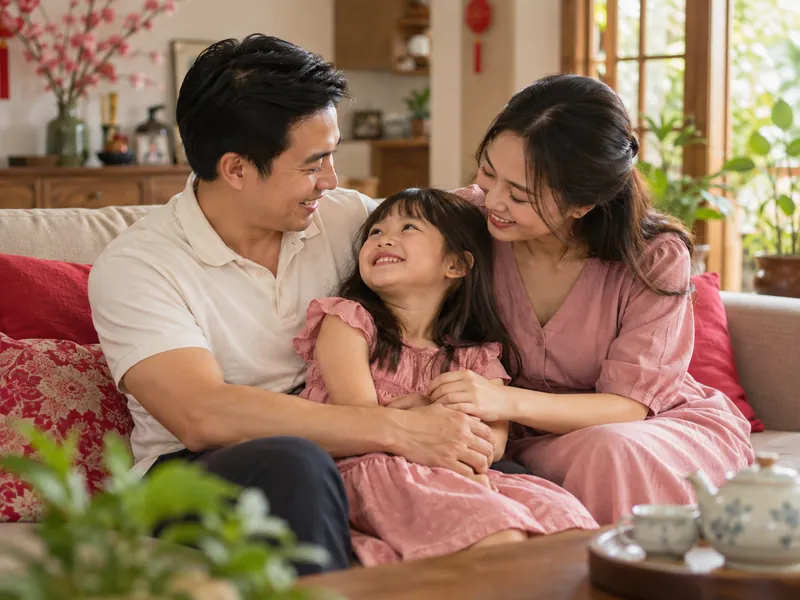 Gia đình bố mẹ và con gái trong phòng khách