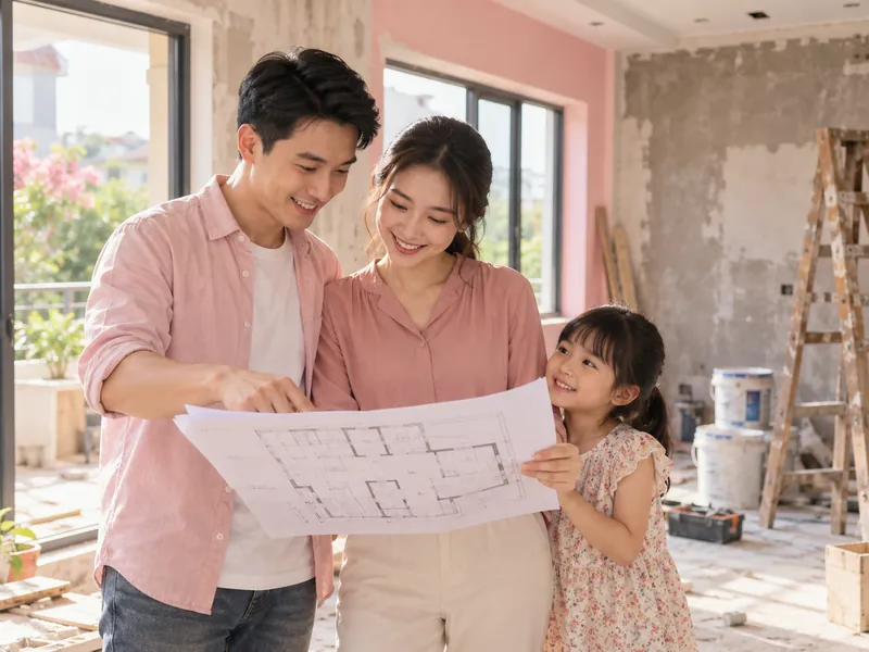 Gia đình xem bản vẽ trong căn nhà đang sửa