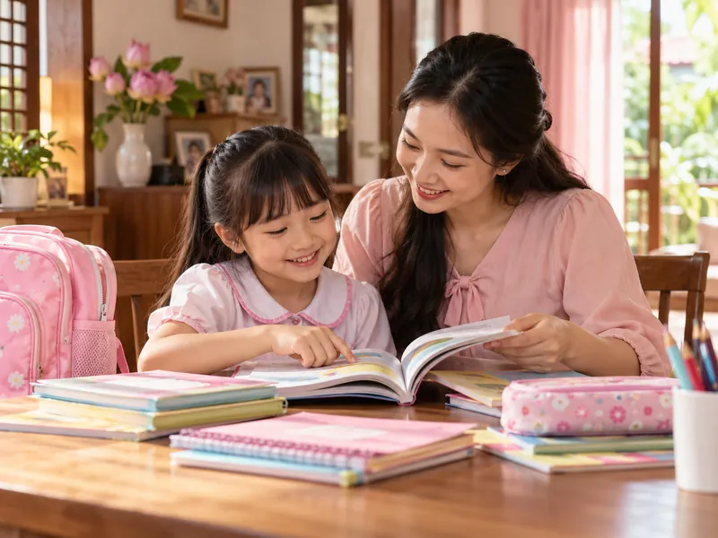 Mẹ cùng con gái học bài bên bàn sách vở