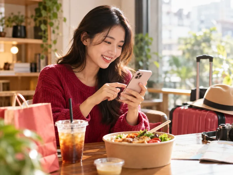 Cô gái đặt đồ ăn và vé du lịch trên điện thoại