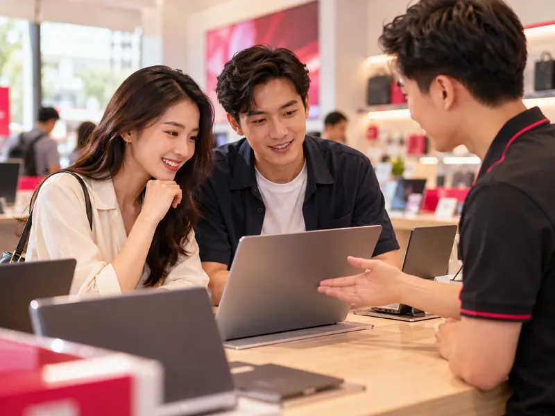 Nhóm bạn cùng xem laptop ở cửa hàng