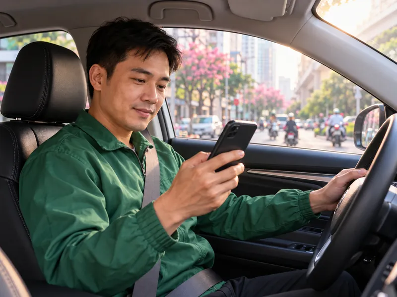 Tài xế ngồi sau vô lăng ô tô xem điện thoại
