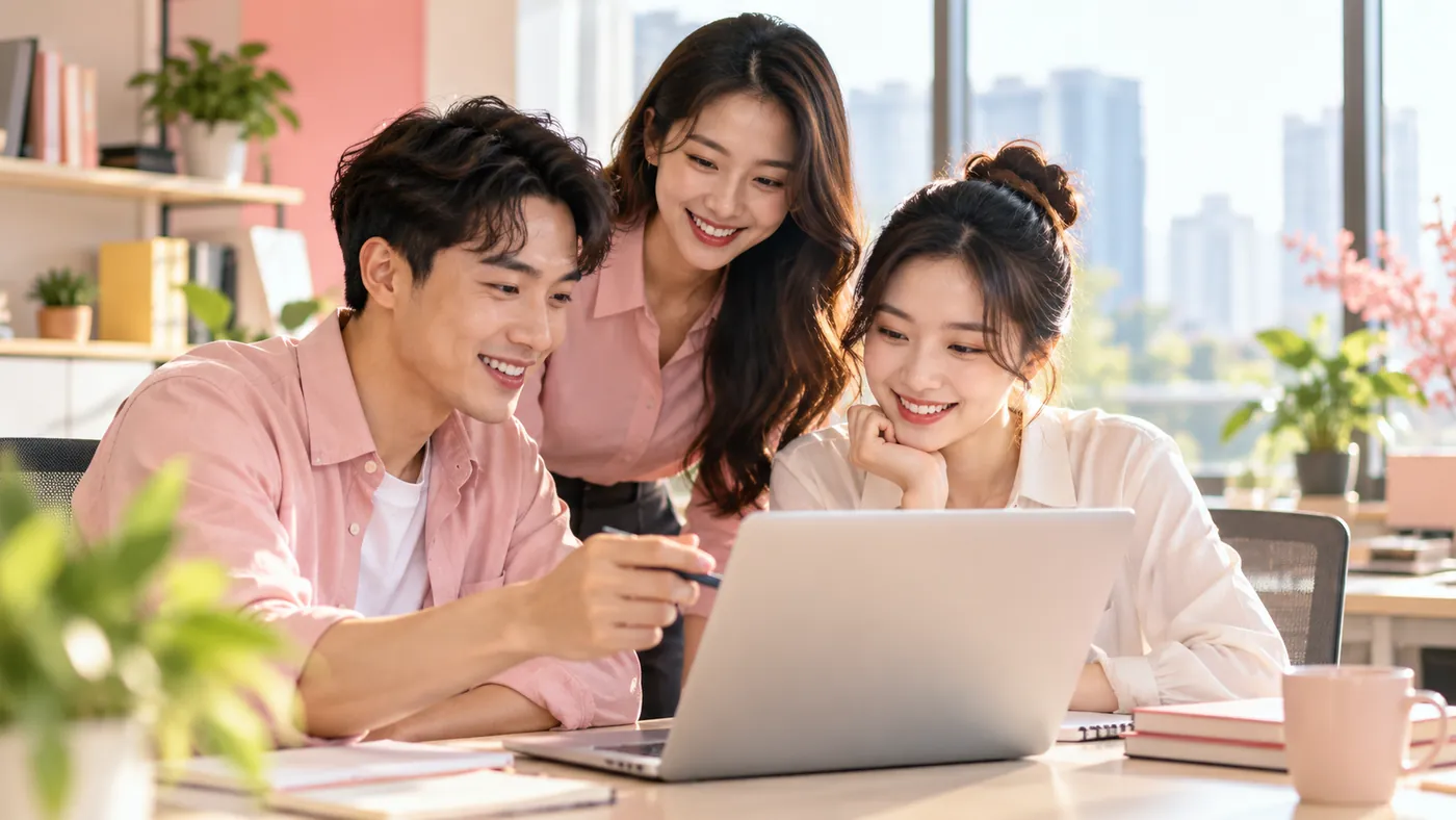 Ba bạn trẻ cùng xem laptop trong văn phòng sáng